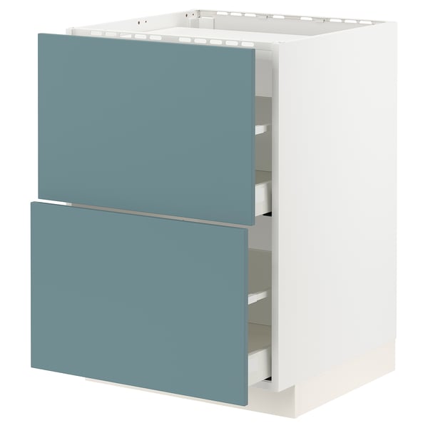 Modern kitchen cabinet, METOD series, with turquoise havstorp fronts. Smooth, self-closing drawers, sleek design, and sturdy construction.