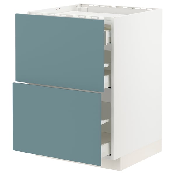 Turquoise METOD kitchen cabinet with three drawers and white frame.
