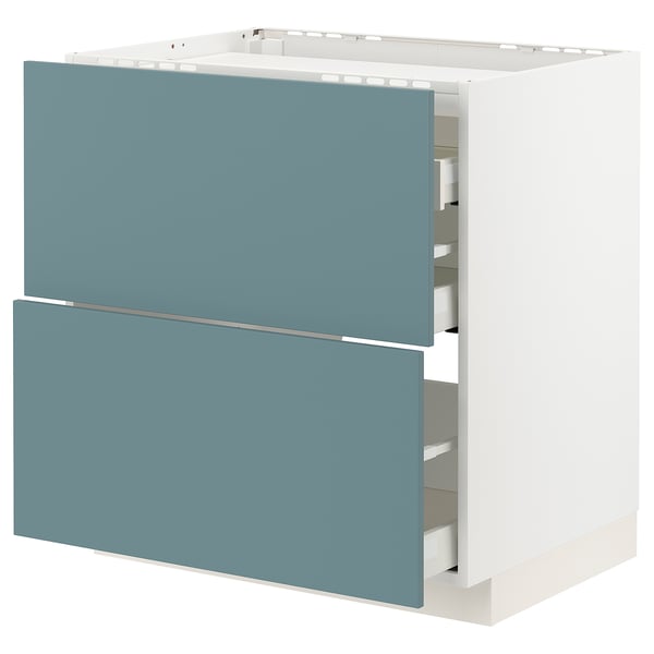 White METOD kitchen unit with 2 turquoise drawers, modern smooth design.