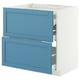 Blue IKEA METOD cabinet with 3 drawers, modern design, slightly open.