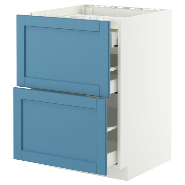 A blue METOD kitchen cabinet with two drawers. Its modern, with a white frame and smooth-running drawers.