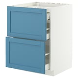 A blue METOD kitchen cabinet with two drawers. Its modern, with a white frame and smooth-running drawers.