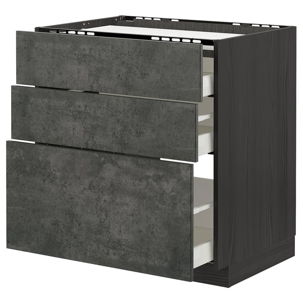 Modern dark grey kitchen cabinet with multiple drawers, sleek and minimalist design.