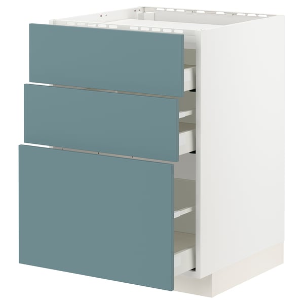 This image shows a white METOD kitchen cabinet with three turquoise drawers. The design is modern with smooth, flat surfaces and a sleek look.