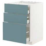 This image shows a white METOD kitchen cabinet with three turquoise drawers. The design is modern with smooth, flat surfaces and a sleek look.