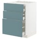This image shows a white METOD kitchen cabinet with three turquoise drawers. The design is modern with smooth, flat surfaces and a sleek look.