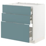 Modern kitchen unit with three blue drawers and white base. Sleek and minimalist design. Soft-close drawers, turquoise fronts.