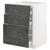 A METOD kitchen storage unit with three dark grey drawer fronts in a concrete effect, arranged in a vertical stack on a white base.