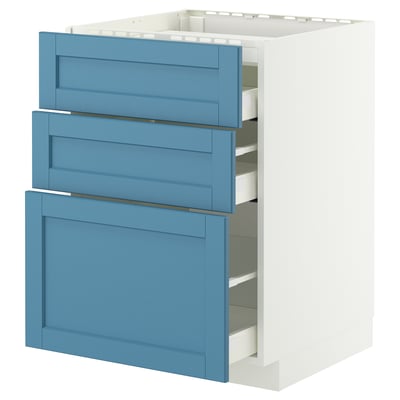 A blue METOD kitchen cabinet with three drawers, featuring a sleek design and sturdy construction.