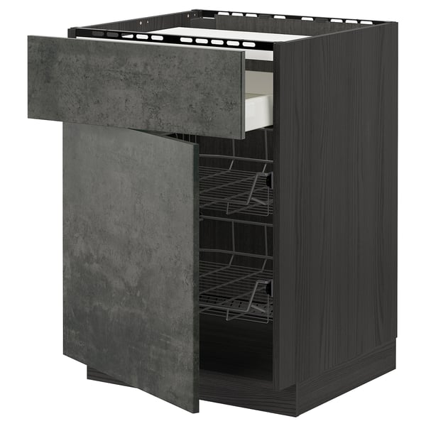 Dark grey drawers cabinet. Opened METOD kitchen with wire racks. Concrete effect, modern design; 25-year guarantee.