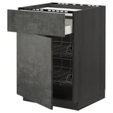 Dark grey drawers cabinet. Opened METOD kitchen with wire racks. Concrete effect, modern design; 25-year guarantee.