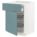 Turquoise METOD kitchen cabinet with wire basket drawer.