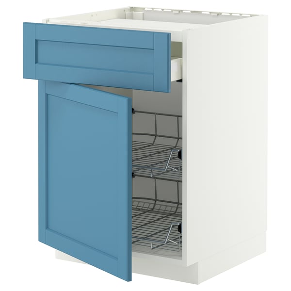 A blue and white kitchen cabinet with a drawer and shelf.
