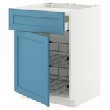 A blue and white kitchen cabinet with a drawer and shelf.