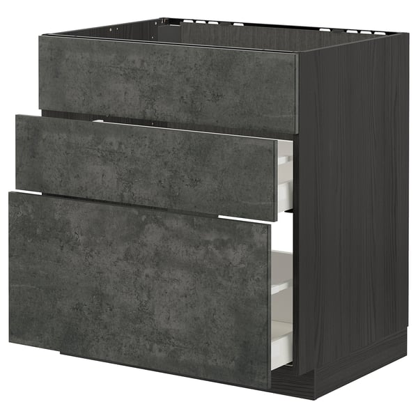 Modern dark gray METOD kitchen cabinet with three drawers, sleek concrete design.