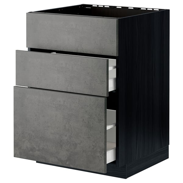 Modern kitchen storage unit with grey concrete effect drawers and dark frame.