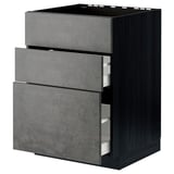 Modern kitchen storage unit with grey concrete effect drawers and dark frame.