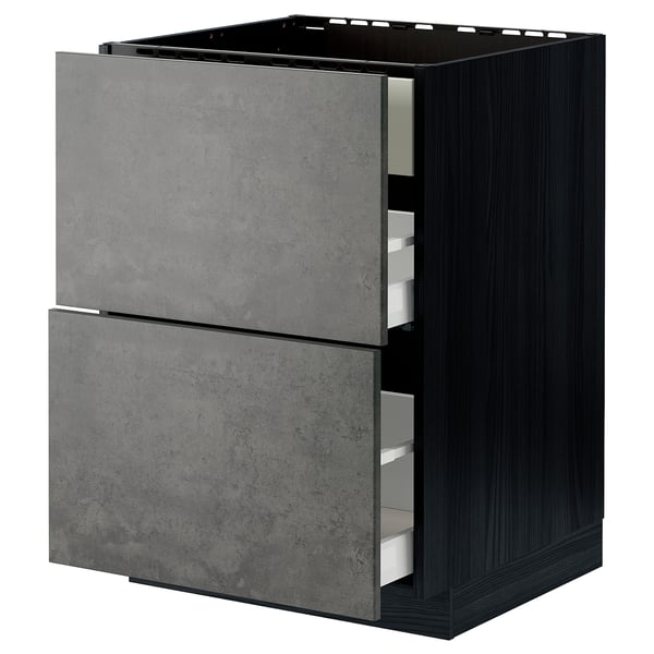 A dark gray ikea METOD kitchen cabinet with two drawers and a shelf.
