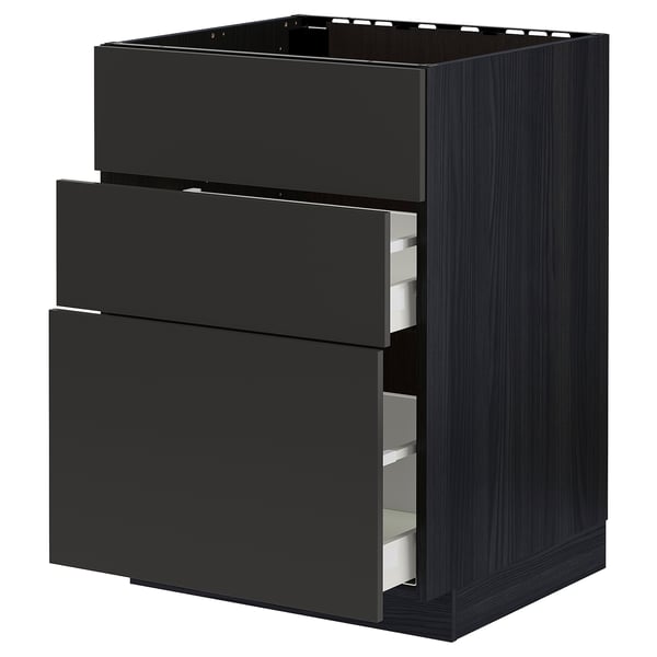 Black METOD kitchen unit. Dark wood grain, three drawers. Two open, clean, modern design.
