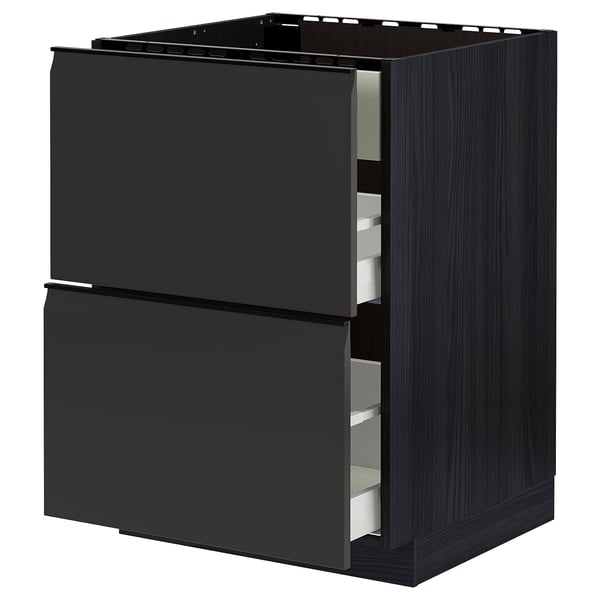 Modern black kitchen cabinet with two drawers, sleek handles, and integrated designs.
