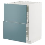 Modern kitchen unit with 2 turquoise drawers, white frame.