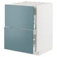 Modern kitchen unit with 2 turquoise drawers, white frame.