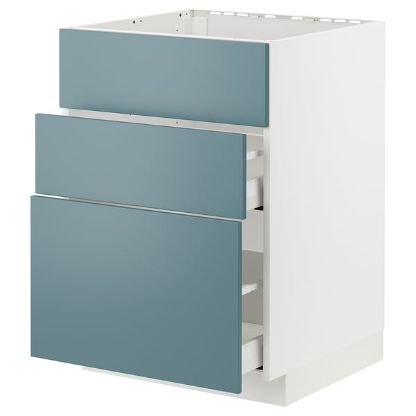 Modern kitchen cabinet, white with turquoise drawers, square shape, simple design.