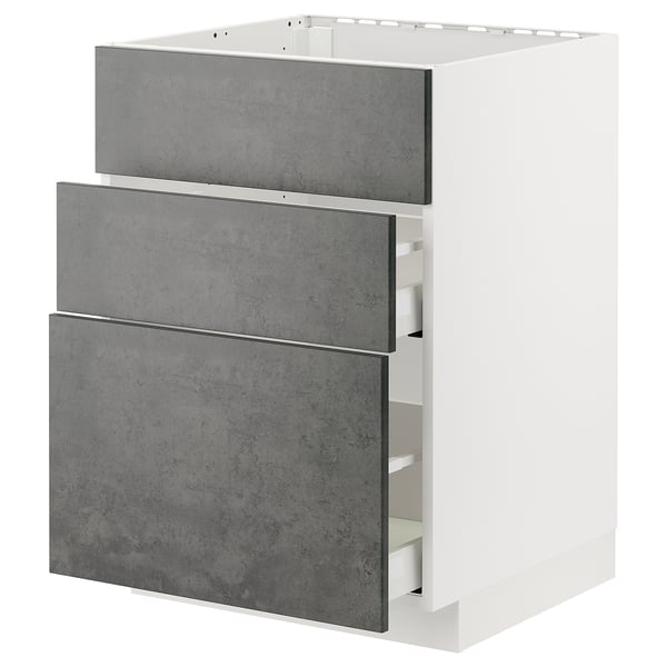 Dark grey METOD cabinet with three drawers and white frame.