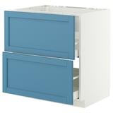 A blue METOD kitchen cabinet with two drawers and a white frame. It a modern, minimalist design and is crafted from particleboard, wood, and steel.