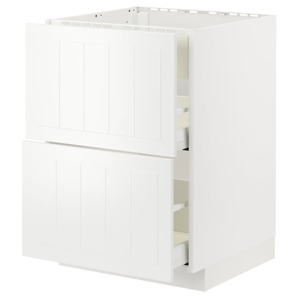 White METOD kitchen unit: shallow, boxy with three drawers, sleek white design.