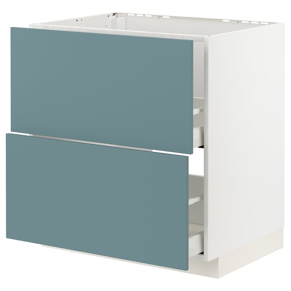 Turquoise METOD kitchen cabinet with white drawer fronts.