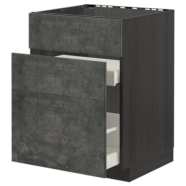 Dark grey modern kitchen cabinet set with two drawers. Made from particleboard and laminate, featuring sleek design and sturdy build.