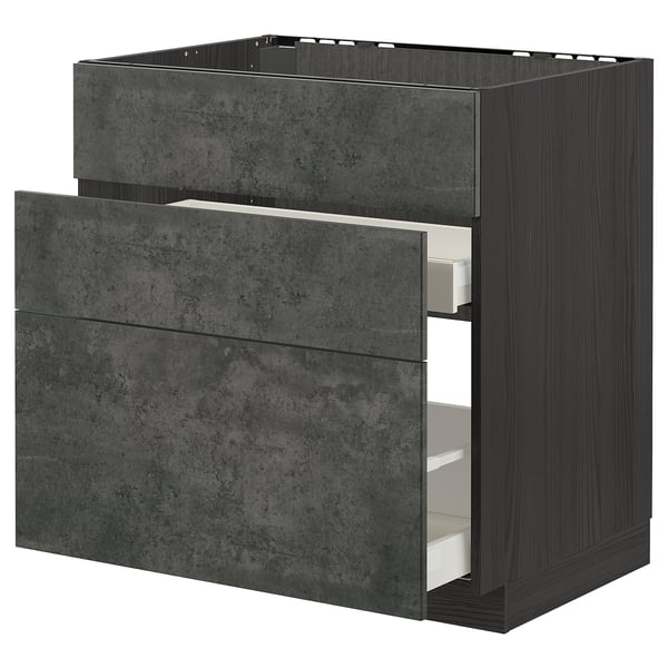 Dark grey modern kitchen cabinet with pull-out drawers, sleek design.