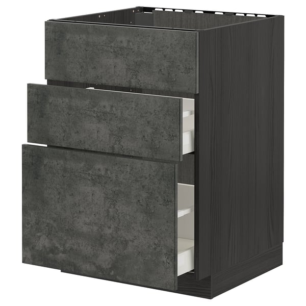 METOD kitchen unit, dark grey, three drawers, concrete effect, modern design.