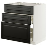 Modern white kitchen cabinet with three black beveled drawers.