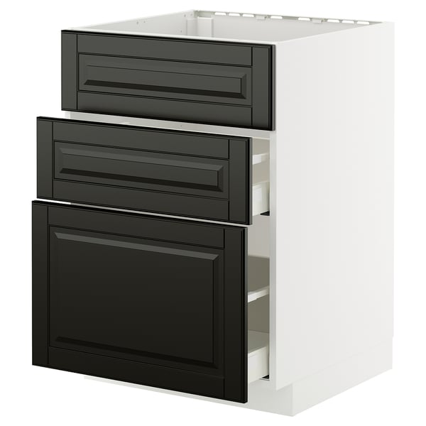 Modern kitchen unit with black beadaded drawers and cabinet.