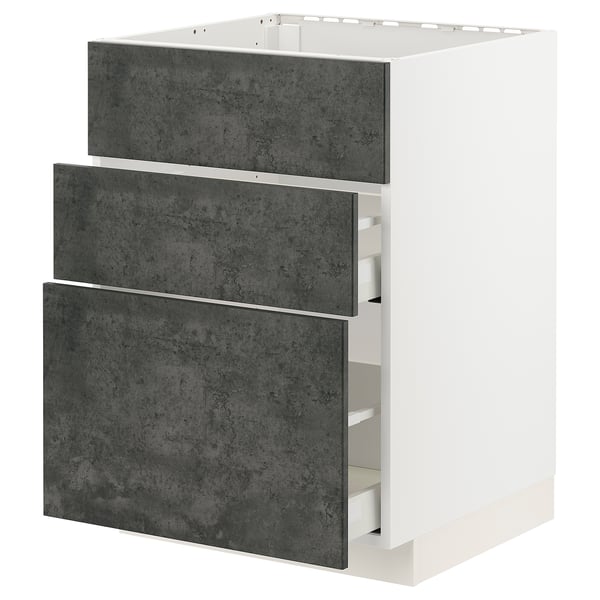 Ikea METOD kitchen cabinet, dark grey, three-handled drawers, modern design.