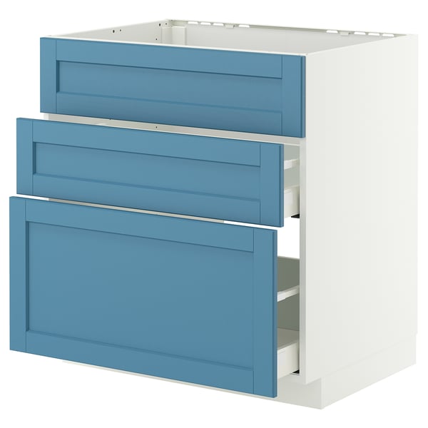 Blue and white METOD kitchen cabinet with 3 drawers, birch and fiberboard, modern design.