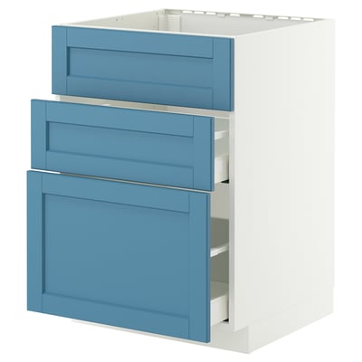 Blue & white kitchen cabinet with 3 smooth drawers.