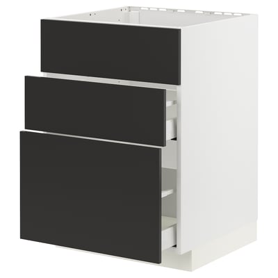 METOD kitchen cabinet: 3 black drawers, modern design, white frame, sleek finish.