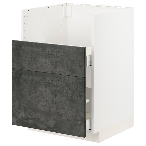 A METOD kitchen cabinet in grey with a concrete effect finish. It soft-close drawers and a white frame.
