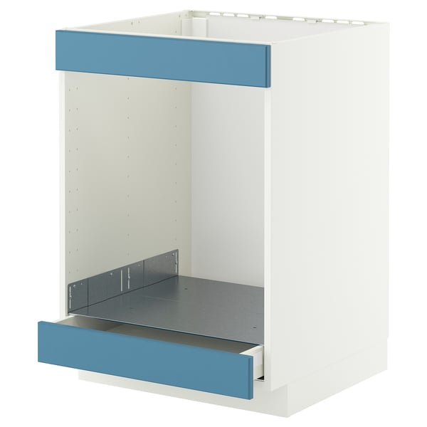 A white IKEA METOD kitchen cabinet with blue drawer fronts and a steel drawer.