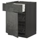 Open dark grey kitchen cabinet with wire baskets; modern design.