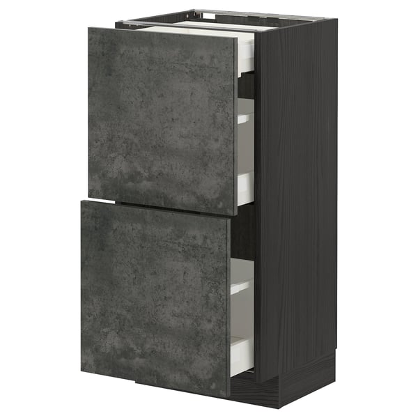 METOD kitchen cabinet in dark gray with concrete effect, wood grain texture, four drawers, sleek design.