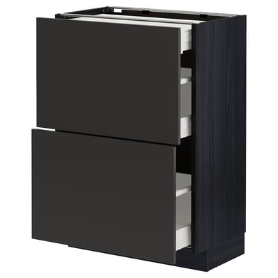 METOD kitchen cabinet in black with open drawers, dark wood grain, modern design.