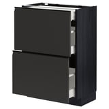 Black modern cabinet with drawn-out drawers, sleek design.