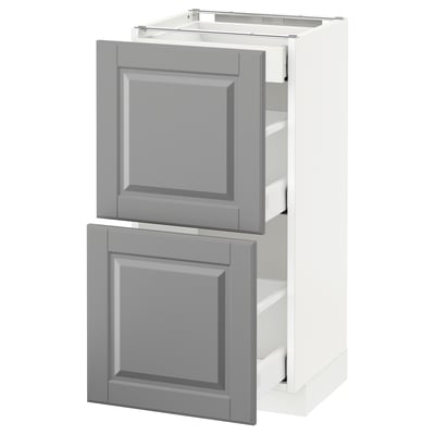 Ikea METOD kitchen unit in grey with two drawers, white frame.