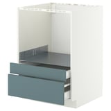 White METOD kitchen unit with turquoise drawers.
