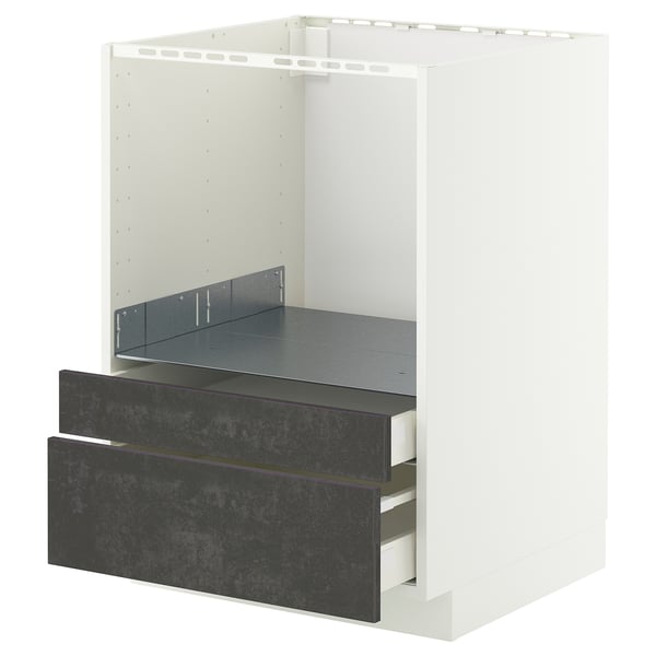 METOD kitchen frame with kalhyttan dark grey drawers. White frame, grey drawers, rectangular shape.