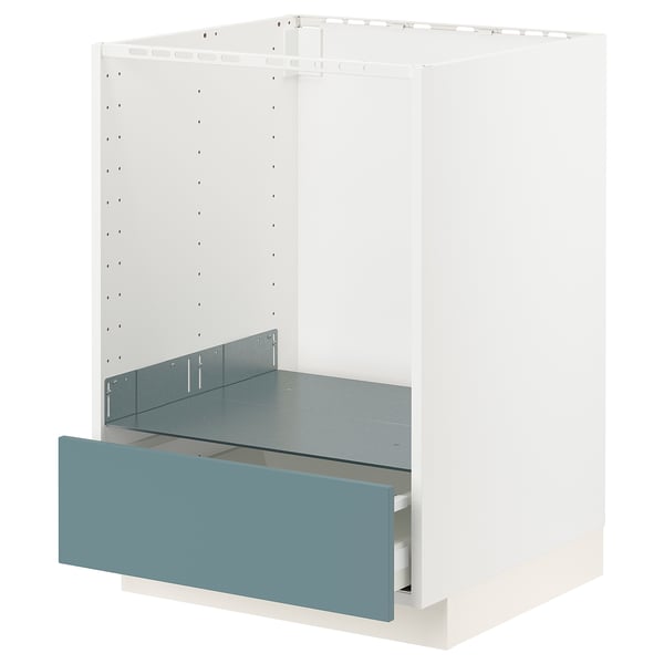 METOD kitchen unit in white with turquoise drawer, modern, smooth finish.